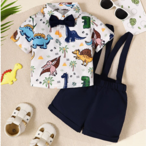 Baby Boy Dinosaur Print Bow Front Shirt & Pinafore Shorts