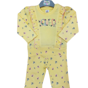 Yellow long sleeves and pants featuring a print of small blue flower and the word loved embroidered on the t-shirt (2pcs)