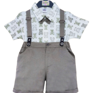 Baby boys teddy printed t-shirt and short with suspender and cap (4pcs)