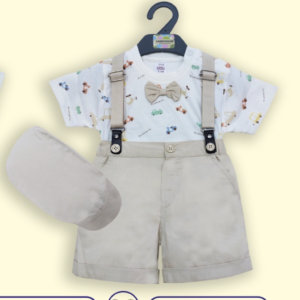 (4pcs) Baby boys t-shirt and short with suspender and cap  Baige