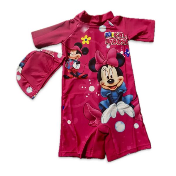 Red miki and mini printed girls swimwear with sleev with cap