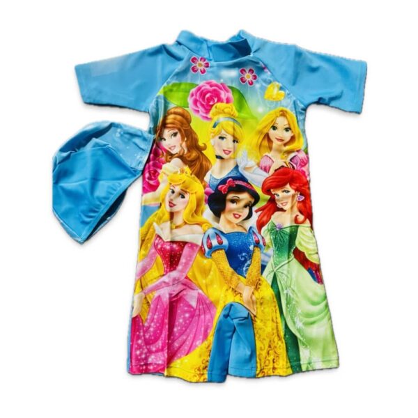 blue pincess printed printed swimwear with cap