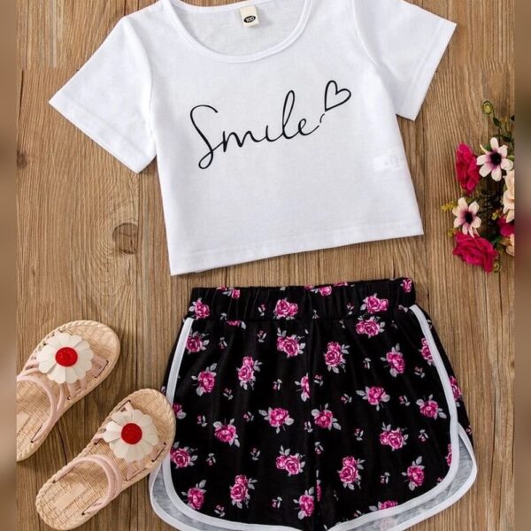Toddler Girls Letter Graphic Tee & Floral Print Binding Track Shorts