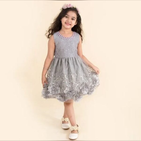 Gray Sleeveless Floral Applique Party Dress