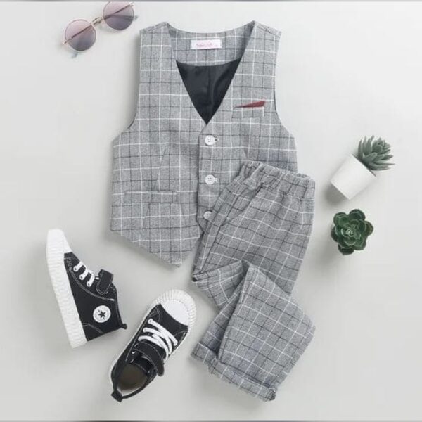 Boys Gray Checkered Sleeveless Formal Set
