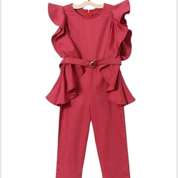 Girls Red Solid Sleeveless Pant Jumpsuit
