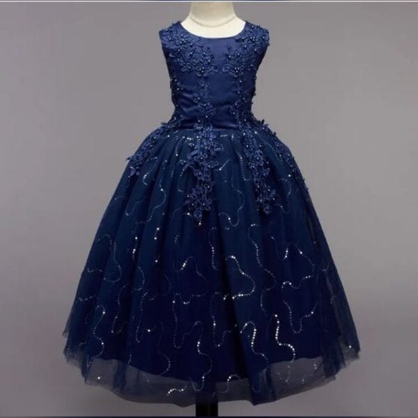 Girls Navy Sleeveless Floral Print Gown
