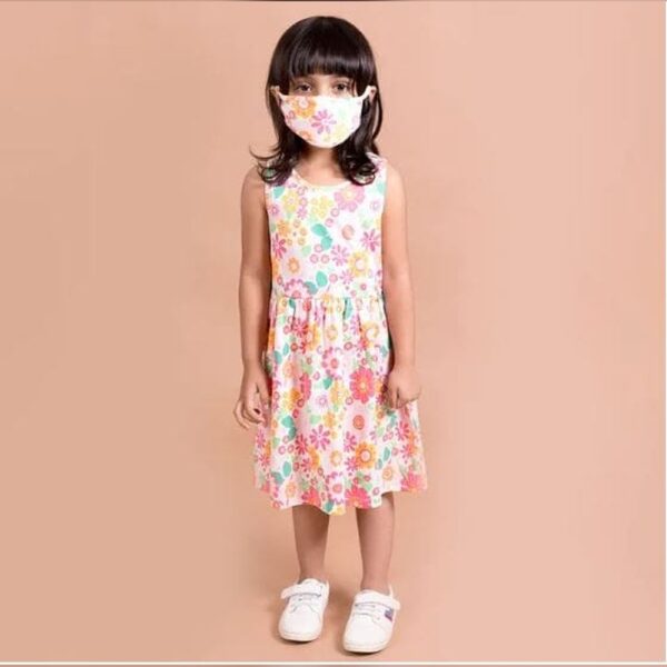 Girls Pink Sleeveless All-Over Print Casual Dress