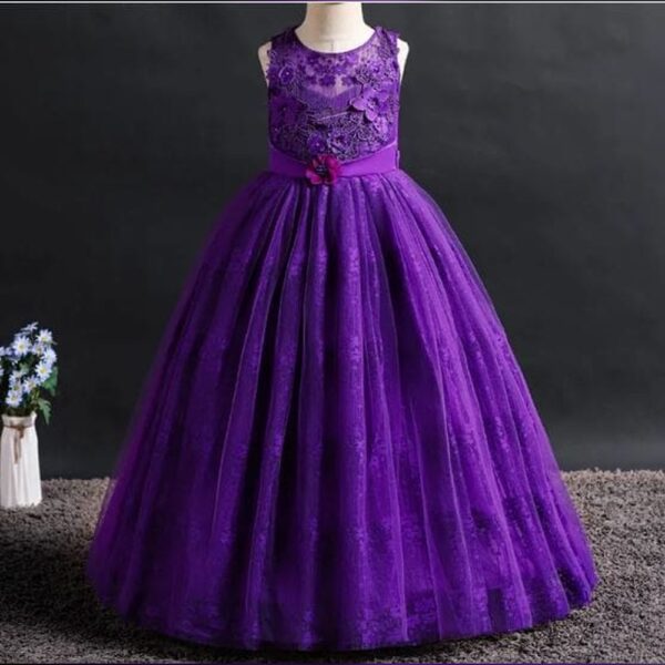 Girls Purple Sleeveless Floral Print Gown