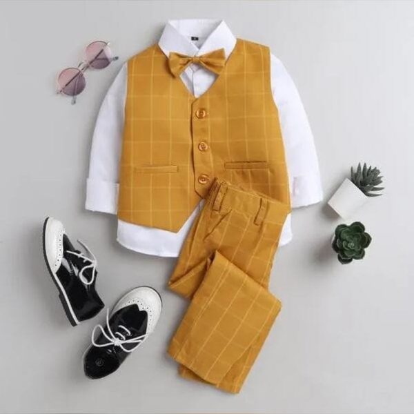 Boys Yellow Checkered Full-Sleeve Formal Set