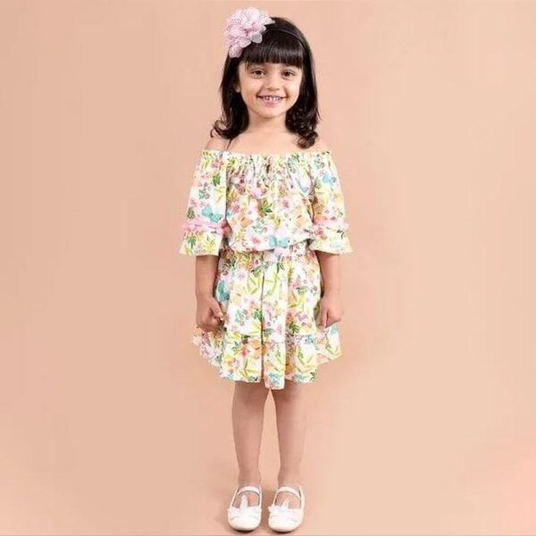 Girls White Floral Print Short-Sleeve Skirt Set