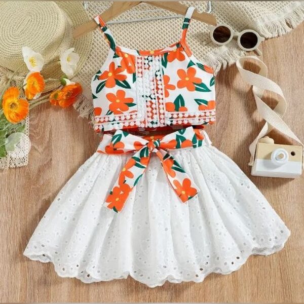 Girls White Floral Print Blouse and Skirt Set