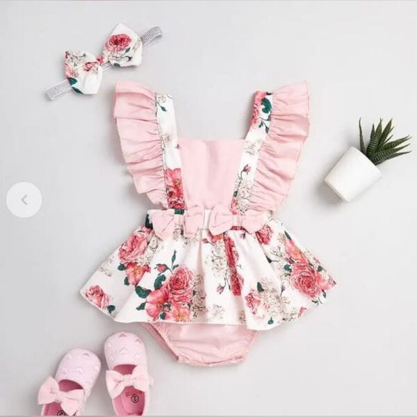 Girls Pink Sleeveless Ruffled Floral Print Onesies