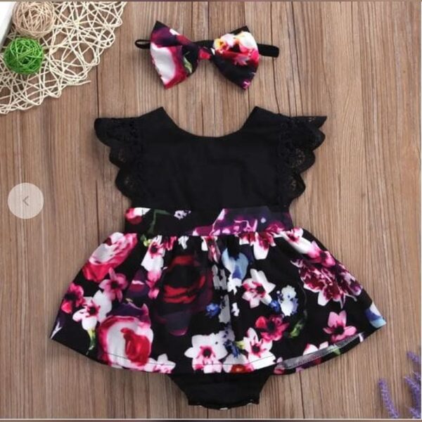 Girls Black Floral Print Onesie With Headband