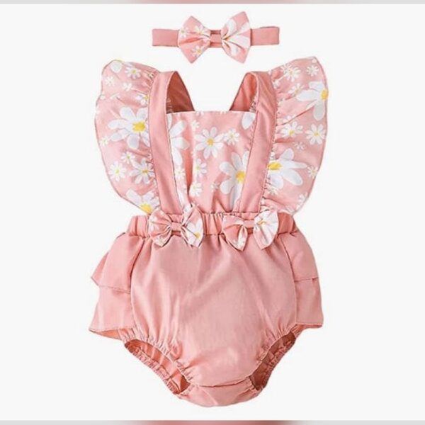 Girls Pink Sleeveless Floral Print Onesies With Headband