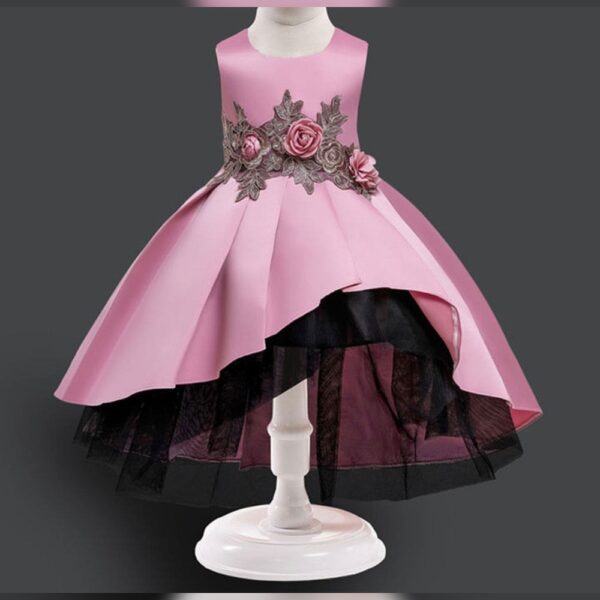 Girls Dark Pink Floral Applique Sleeveless Slim Fit Party Dress