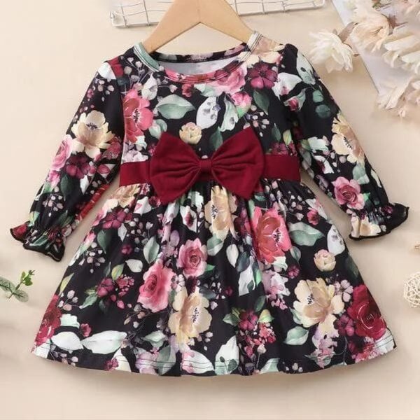 Girls Black Floral Print Full-Sleeve Casual Dress