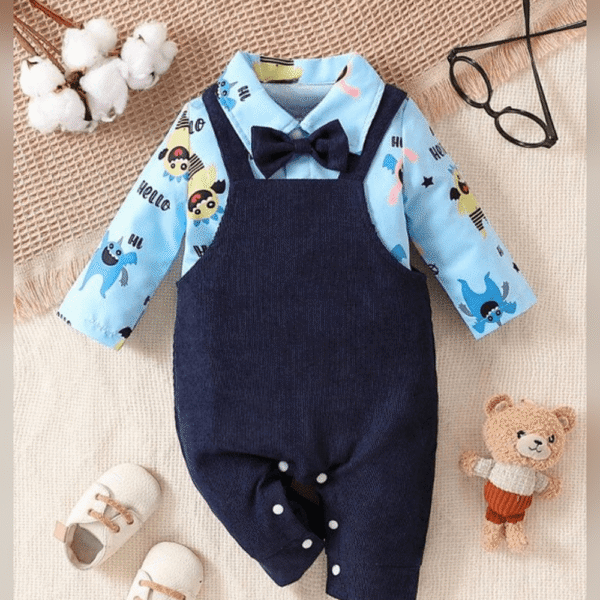 Baby Boy Cartoon Graphic Bow Front Shirt & Overall Jumpsuit