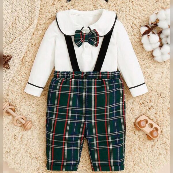 Newborn Baby Boys' Top With Bow Tie Collar & Gingham Suspenders Pants Two Piece Outfit