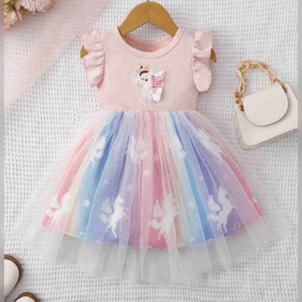 Baby Girl Unicorn Print Ruffle Trim Mesh Overlay Dress