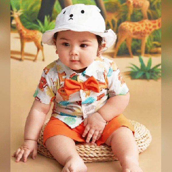 Baby Boy's Summer Gentleman Style Formal Suit Cartoon Animal Print Short Sleeve Shirt And Shorts Set
