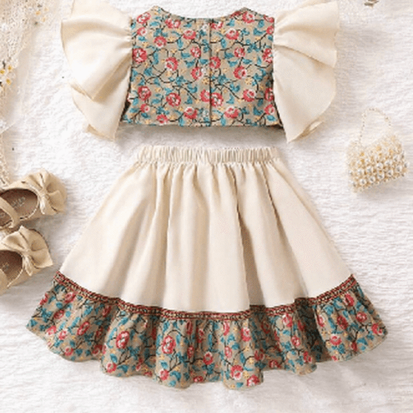 Baby Girl Floral Print Ruffle Trim Top & Skirt