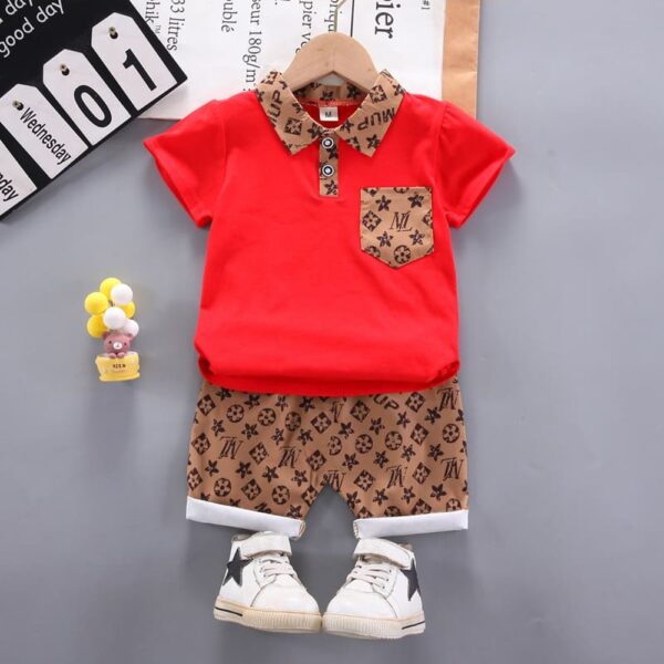 Red T shirt and  printed shorts