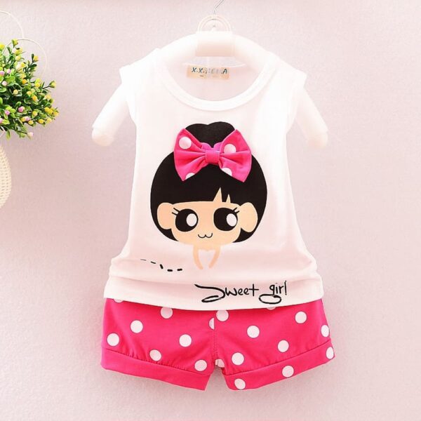 Bow attached casual top and dot printed shorts set pink