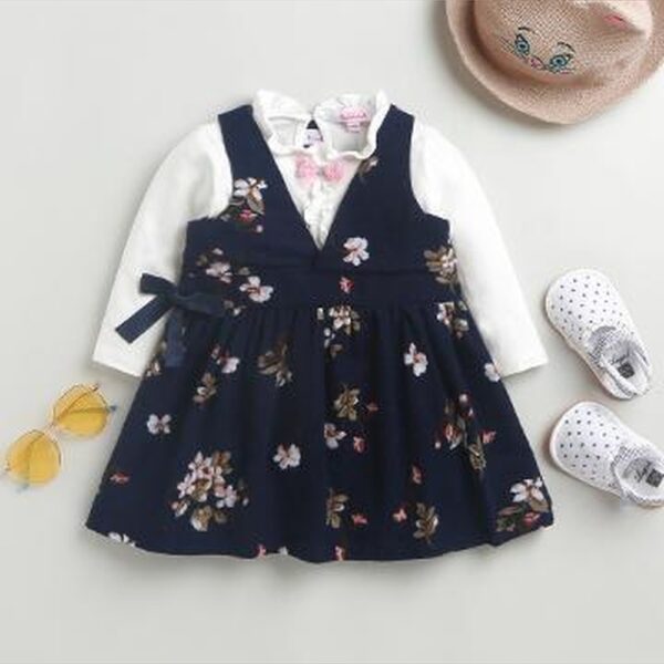 Girls White Floral Print Top And Dress Set
