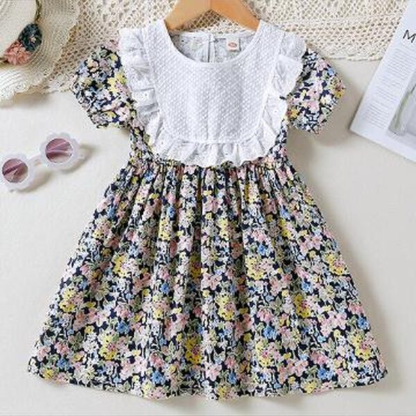 Girls Blue Floral Print Casual Dress