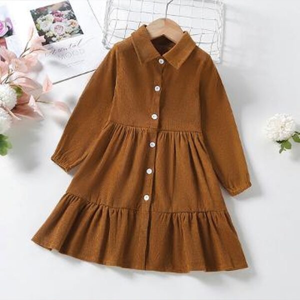 Girls Brown Solid Full-Sleeve Casual Dress