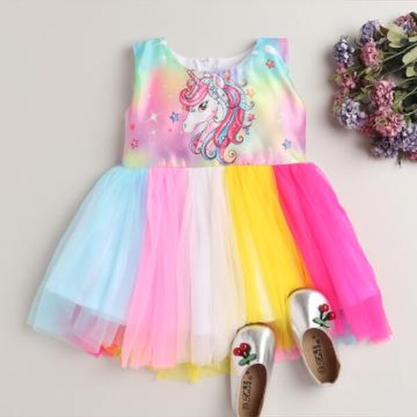Girls Multi Coloured Sleeveless Unicorn Print Party Dress