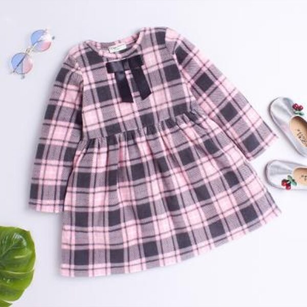 Girls Red Checkered Fleece Full-Sleeve Casual Dress