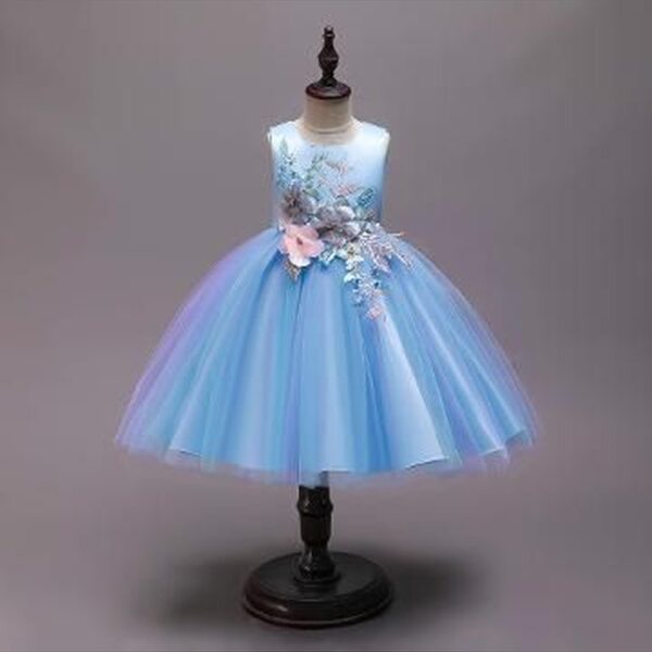 Girls Blue Sleeveless Floral Applique Party Dress