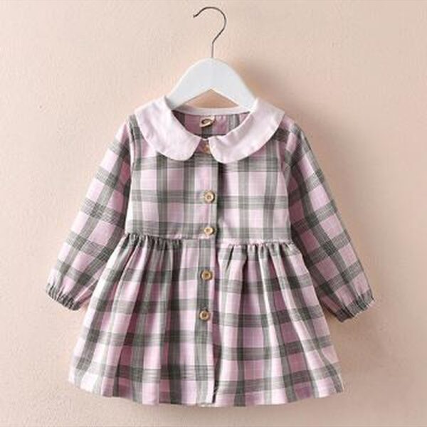 Girls Pink Full-Sleeve Checkered Casual Dress