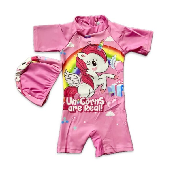 Pink Unicorn printed Girls with sleeve swim wear with cap
