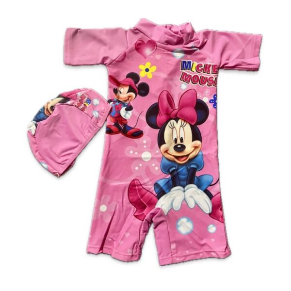 Pink miki and mini printed girls swimwear with sleev with cap