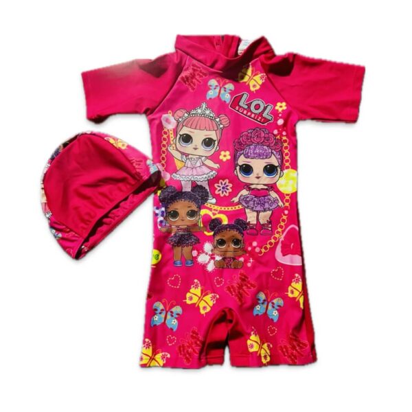 Red  power girls printed swimwear with cap