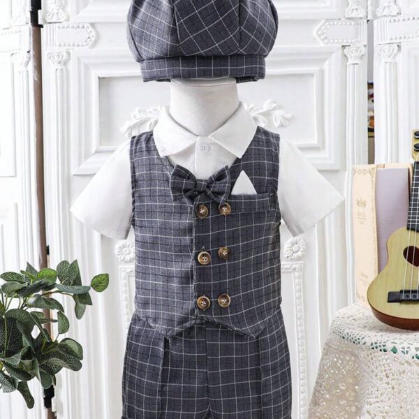 4pcs Baby Boys' Leisure Elegant Retro Academy Plaid Patterned Shirt Vest Shorts Gentleman Suit With Hat