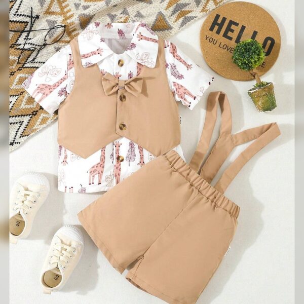 pcs/Set Baby Boys' Elegant Academy Retro Gentleman Outfit, Including Animal Print Shirt, Khaki Shorts And Vest, Suitable For Diverse Outfits And Occasions