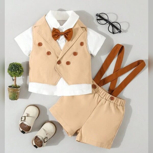 Baby Boys 3pcs Set College Style Short-Sleeve Shirt With Bow Tie, Suit Vest And Suspenders Shorts Set, Trendy And Gorgeous, Suitable For Birthday Parties, Evening Parties, Performances, Weddi