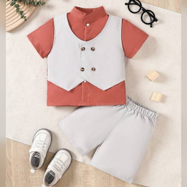 Baby Boys 3-Piece Set Of College Style Short-Sleeved Shirt With Bow Tie, Vest With Suit Collar And Suspender Shorts, Party Gentleman Outfit, Fashionable, Suitable For Birthday Parties, Evenin