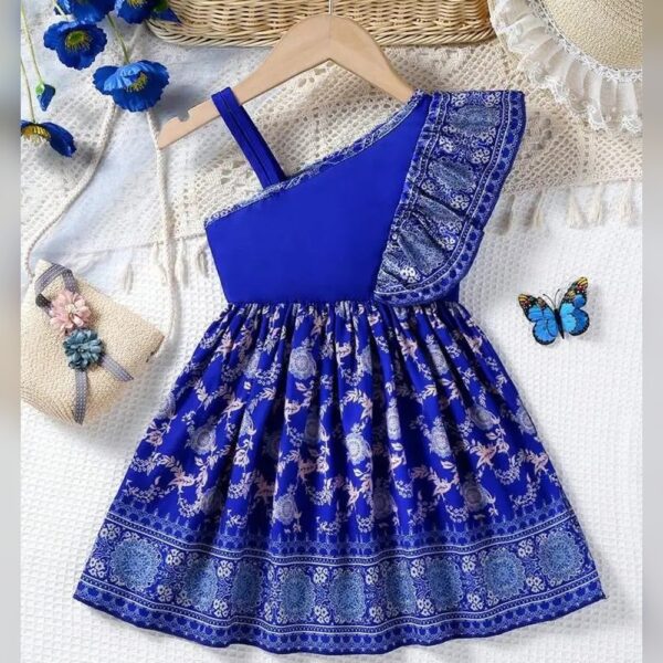 Baby Girls' Vintage Style Golden Flower Printed Blue Asymmetrical Shoulder Strap Sleeveless Pleated Dress For Spring/Summer