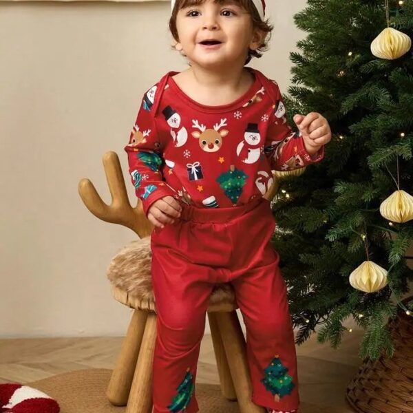 3 pcs/Set Newborn Baby Boy Christmas Cartoon Print Romper Outfit, Suitable For Everyday Wear And Christmas Party