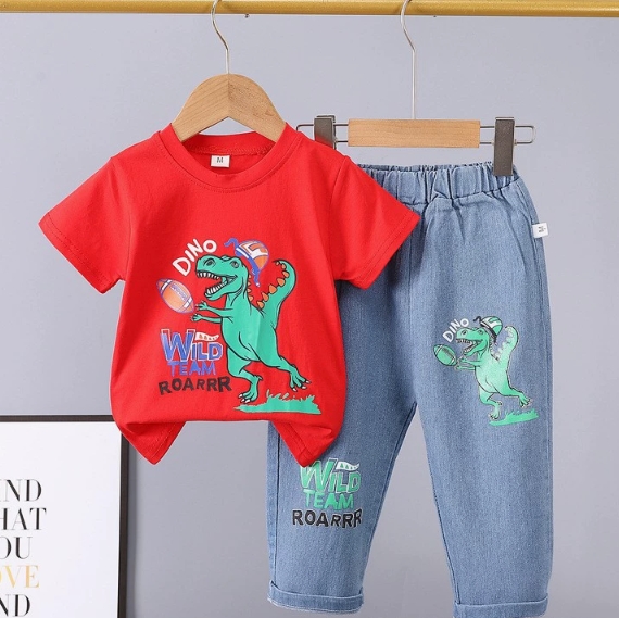 BAby boy/ dinosaurs printed red t-shirt with denim /2pcs