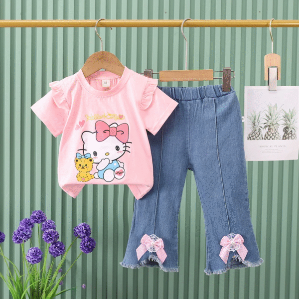 Baby girl/ hello kitty light prink colour printed t-shirt with denim/2pcs