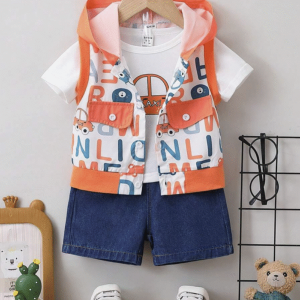 3pcs/Set Baby Boy's Fashionable Letter & Car Printed Vest, Short Sleeve T-Shirt, Washed Denim Shorts Outfit For Spring/Summer