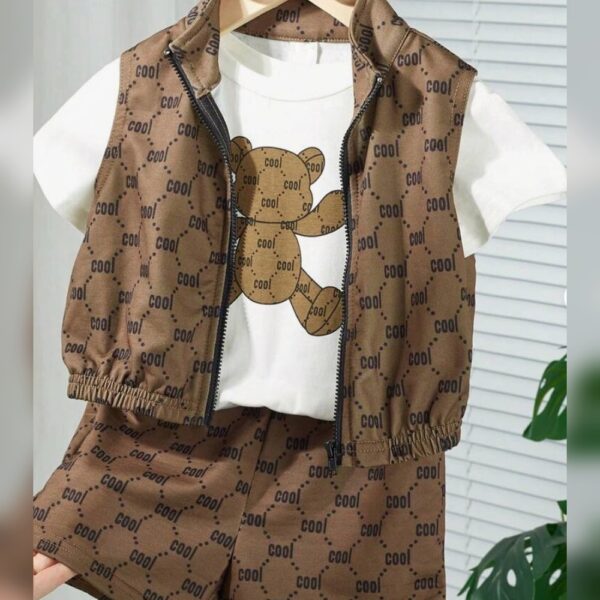 3pcs Baby Boy Letter Printed Soft Knit Round Neck Short Sleeve Top, Sleeveless Vest And Shorts Set