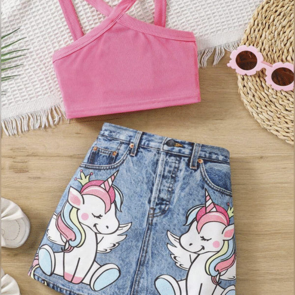 Young Girl Solid Color Vest & Unicorn Graphic Denim Print Skirt Set