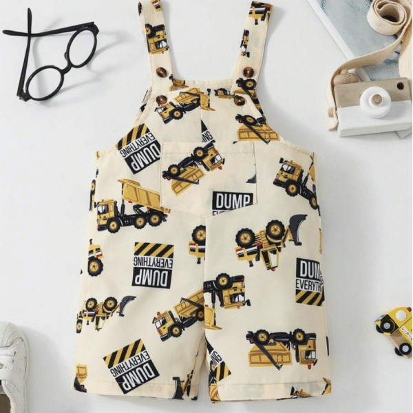 Toddler Boys' Casual Cute Cartoon Car Print Romper With Bib Shorts, Baby Walking Clothing, Summer